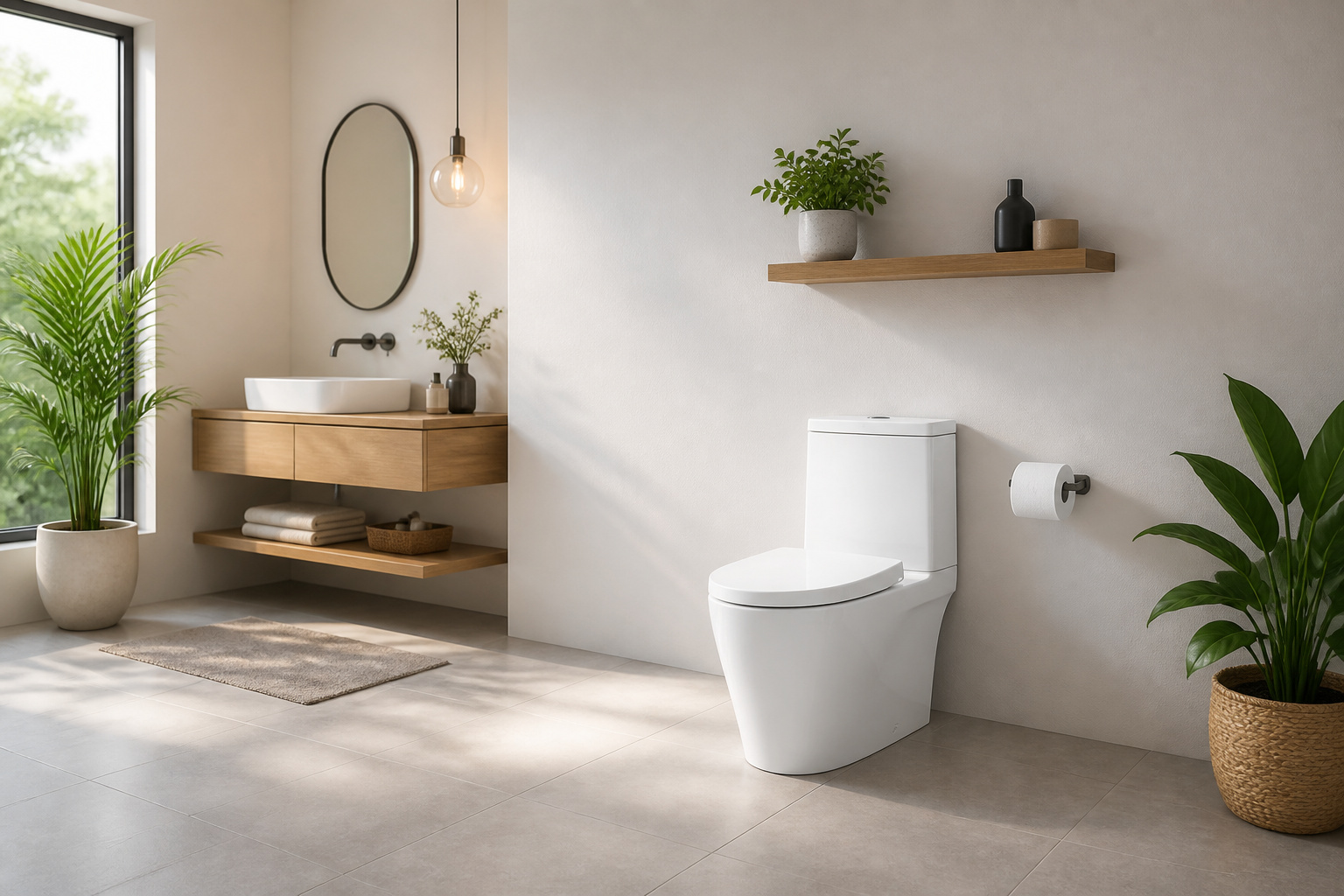 Toilette moderne et epuree dans une salle de bain lumineuse