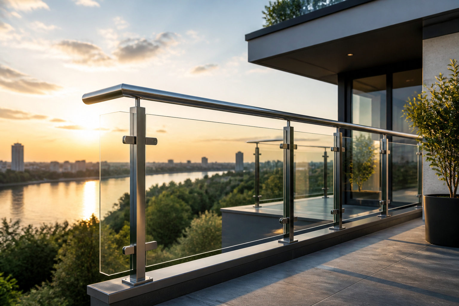 Balustrade moderne avec vue au coucher du soleil