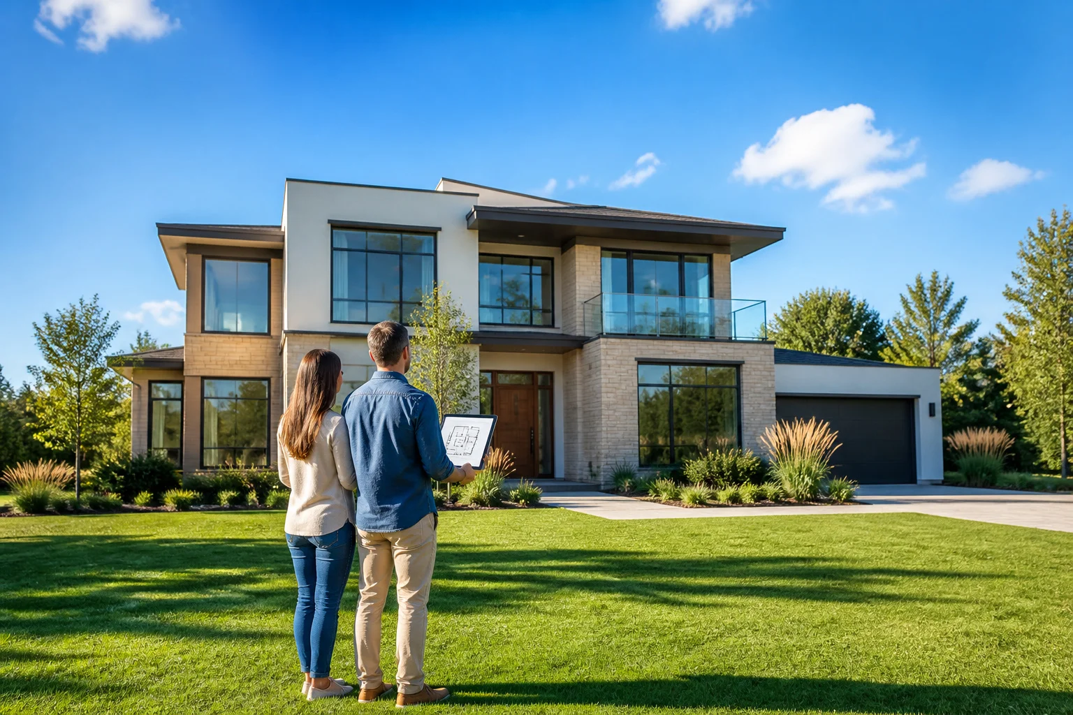 Couple admirant leur nouvelle maison moderne