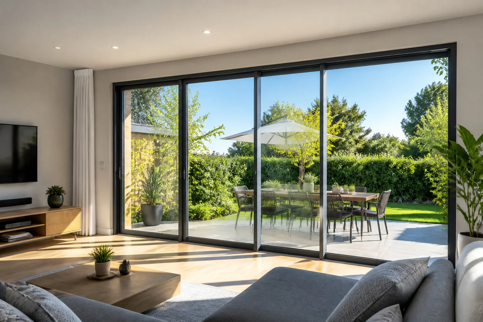 Baie vitree coulissante moderne connectant interieur et jardin