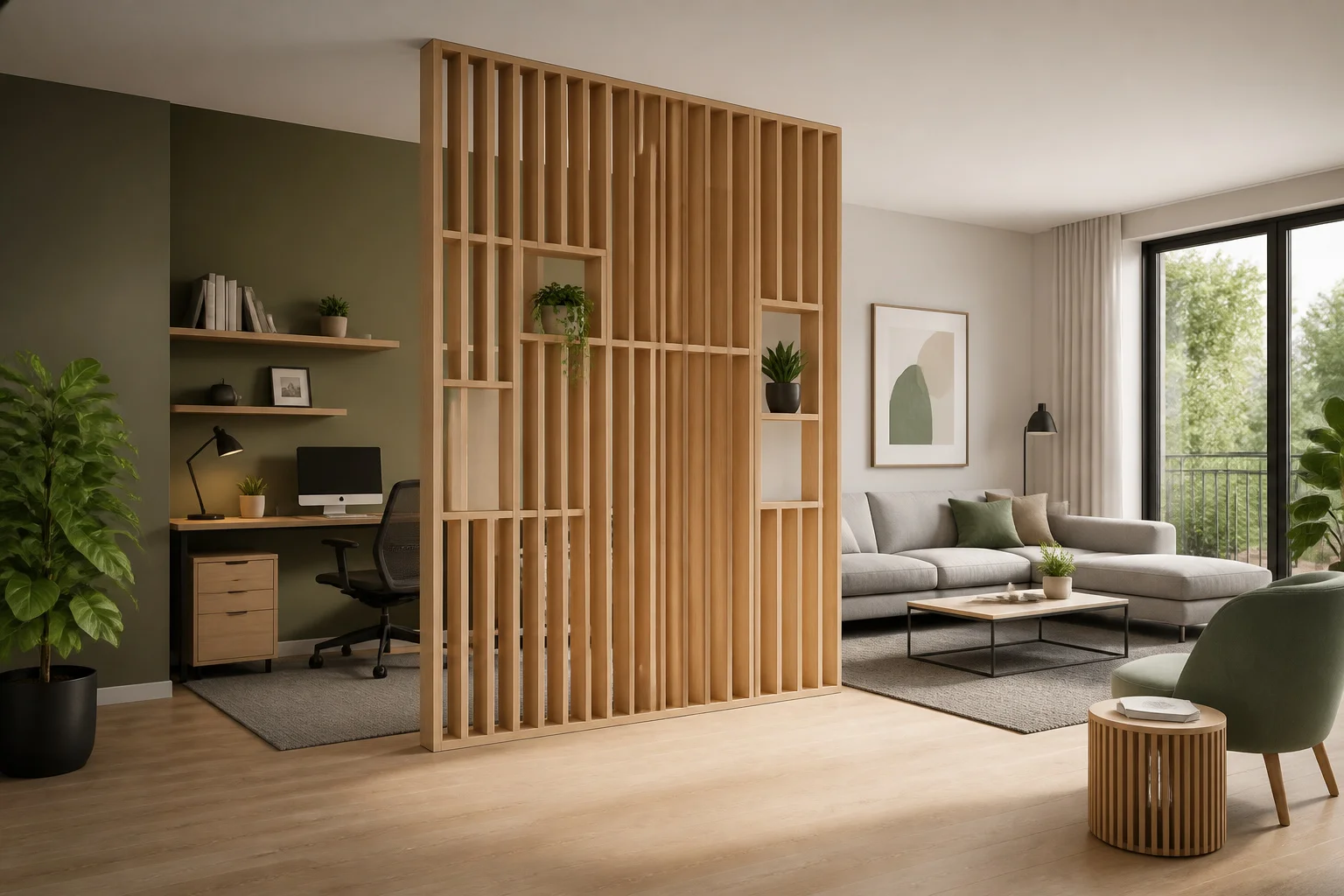 Diviseur en bois moderne et espace de vie
