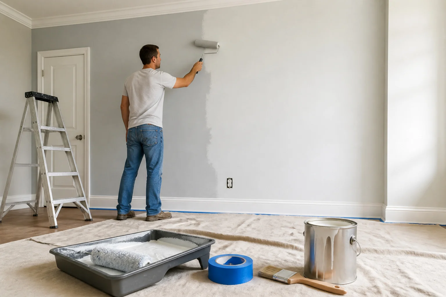 Renovation murale application de peinture fraiche