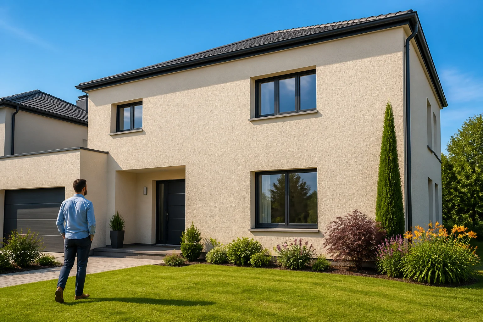 Facade moderne avec crepi clair et jardin