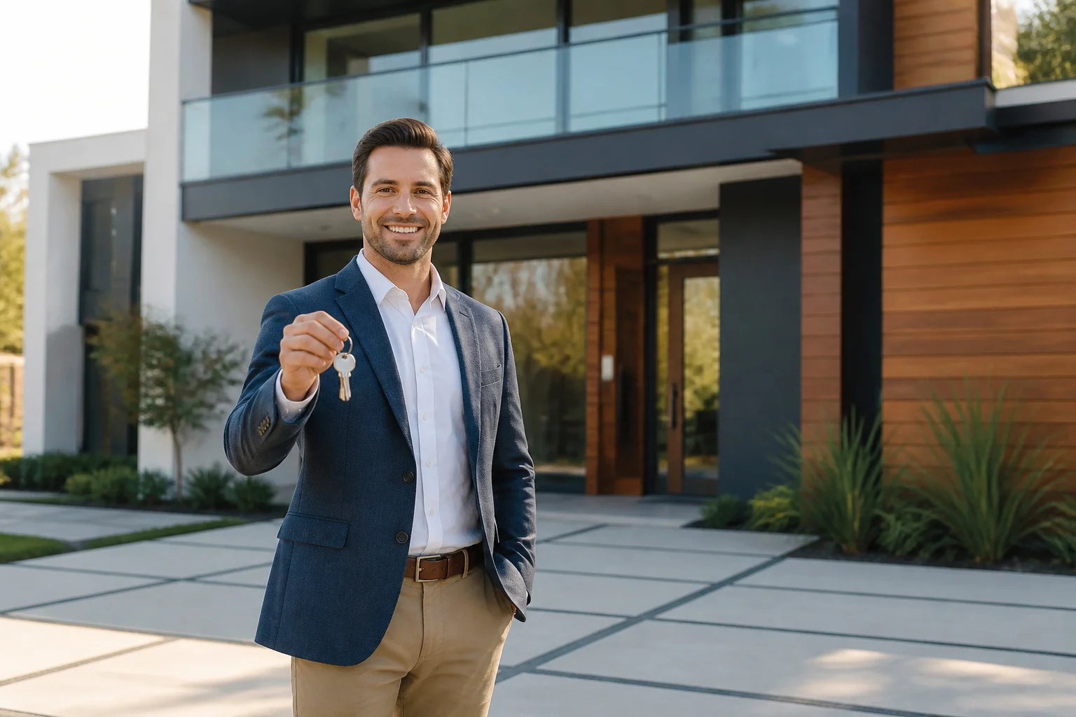 Agent immobilier confiant avec cles