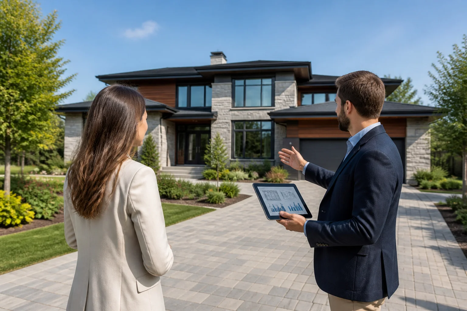 Expert immobilier devant une maison moderne