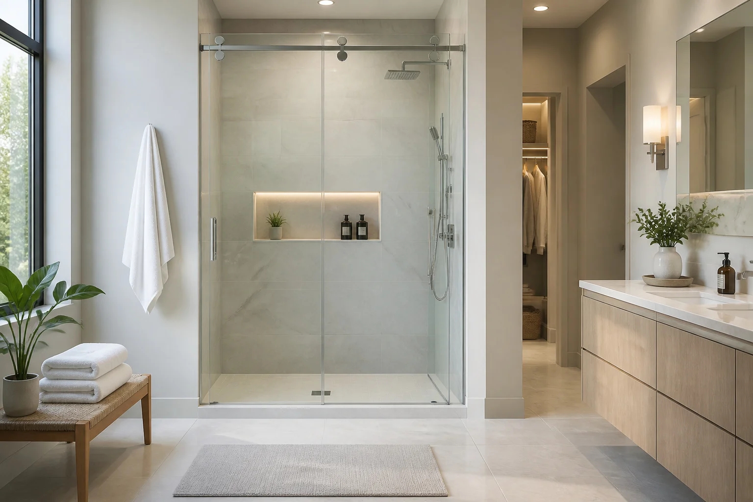Douche moderne en verre salle de bain epuree