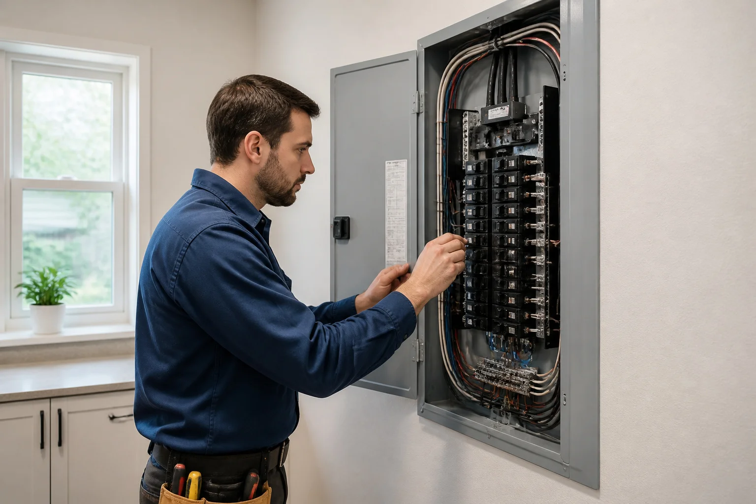 Electricien inspectant un panneau electrique